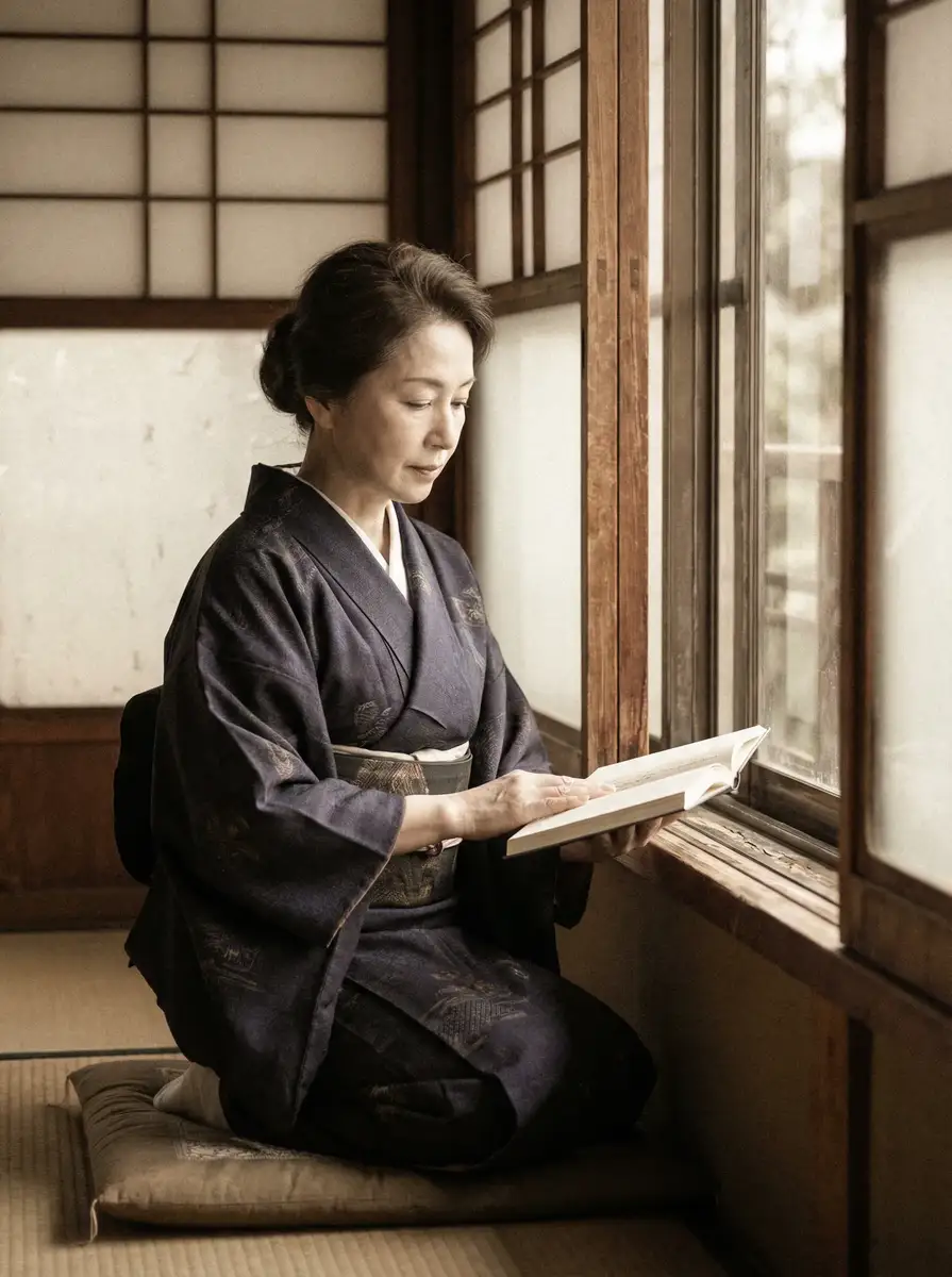 一位优雅的五十岁 里番动漫 - 精选作品精选，更新内容持续整理 身穿深蓝色和服，在窗边静读
